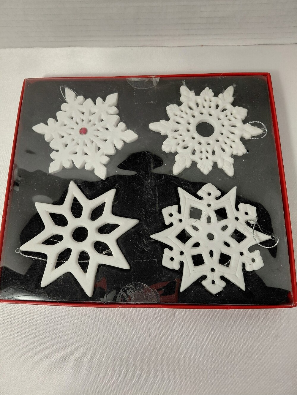 2011 Sears White Pocelain Snowflake Ornaments Set Of 4